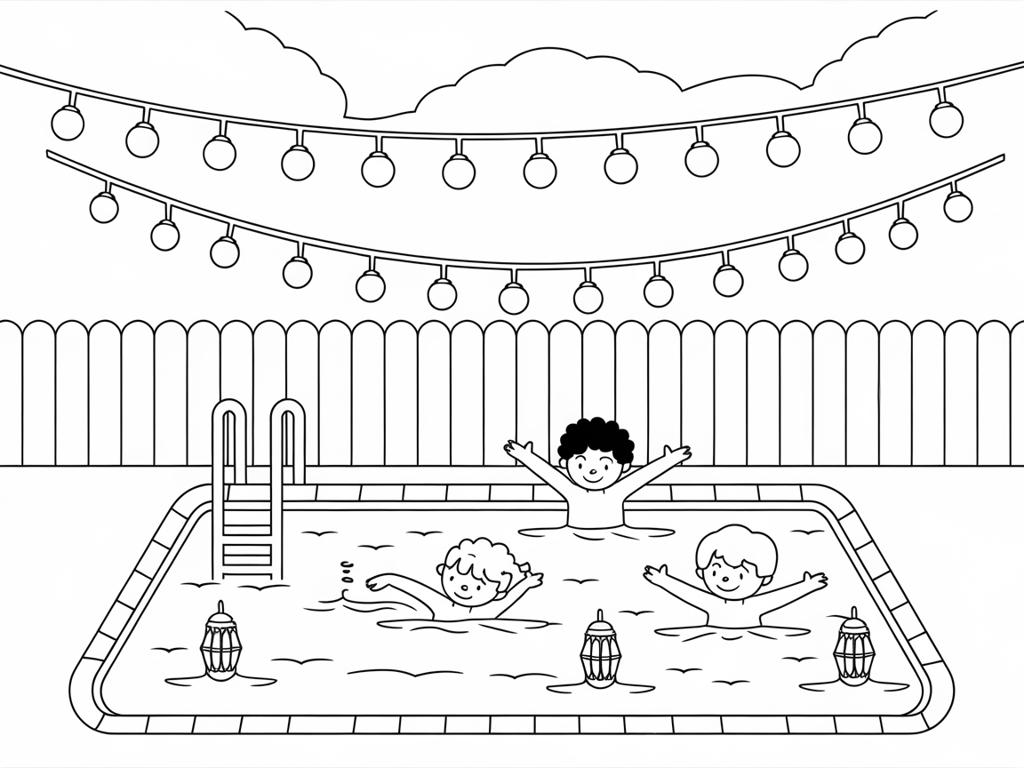 Poolside Fun Under Twinkling Lights