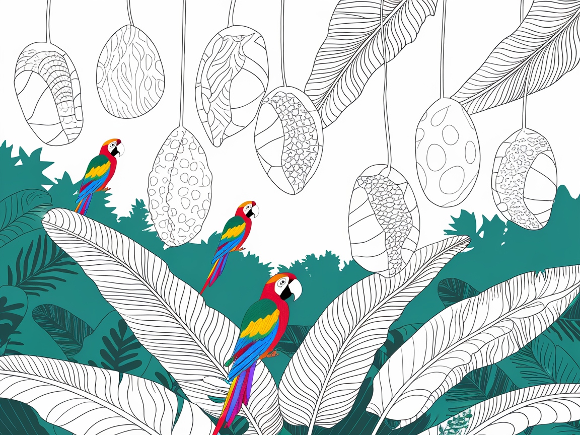 Colorful Parrots and Hanging Cocoons in a Lush Jungle