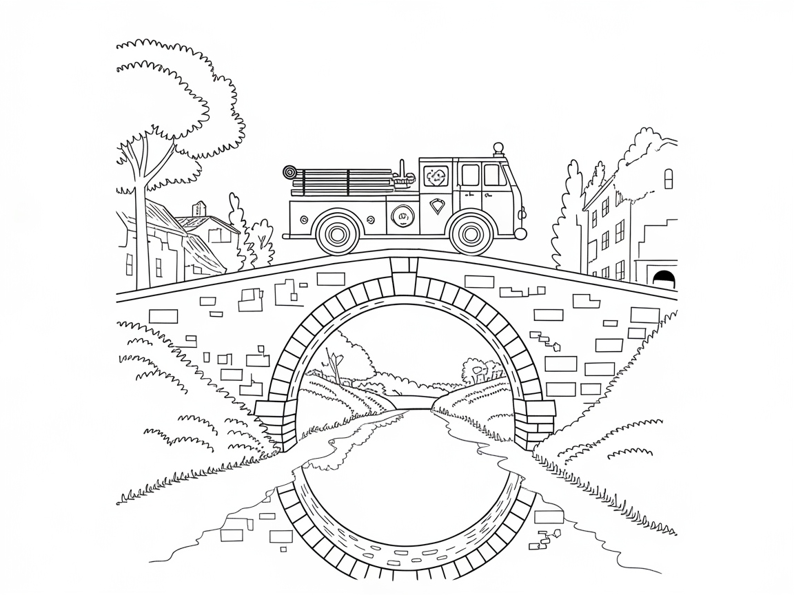 Charming Bridge Scene: Fire Truck Over the River