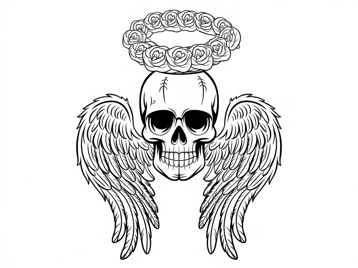 Heavenly Skull with Angel Wings and Rose Halo