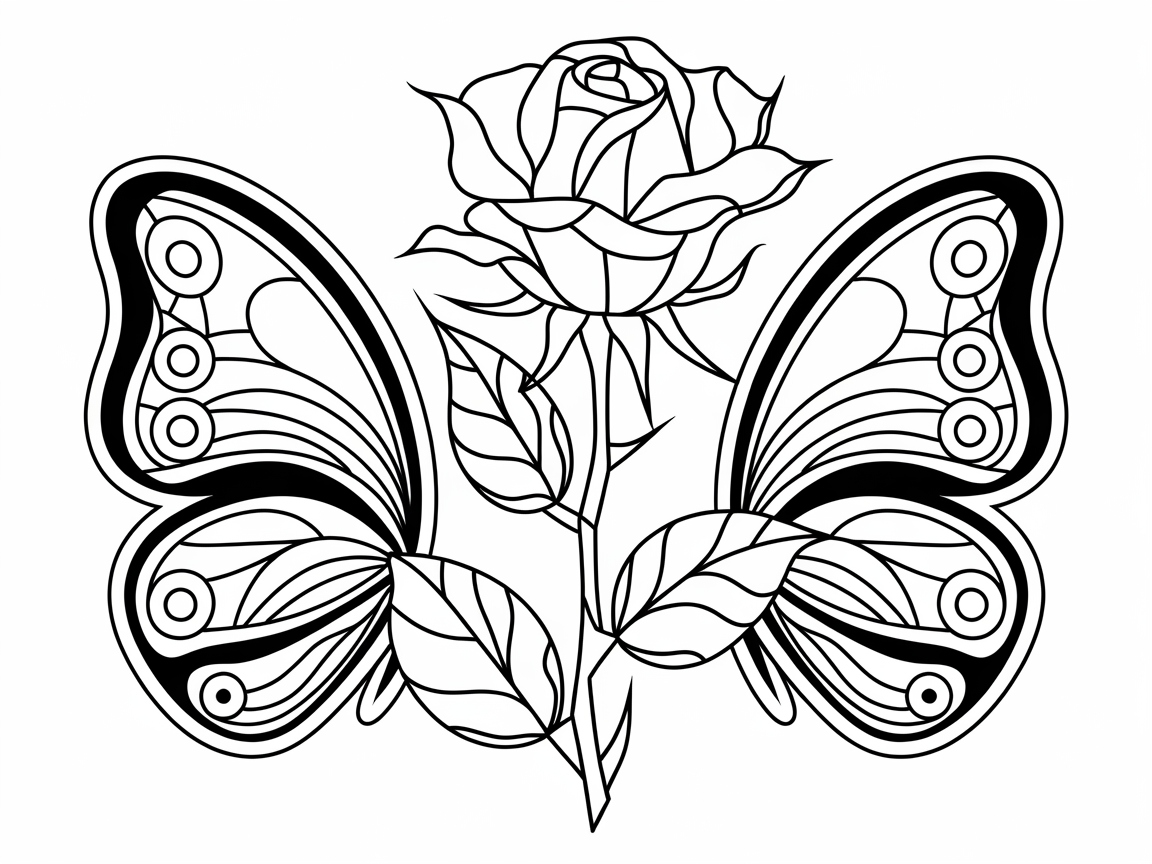 Symmetrical Butterfly and Rose Composition to Color