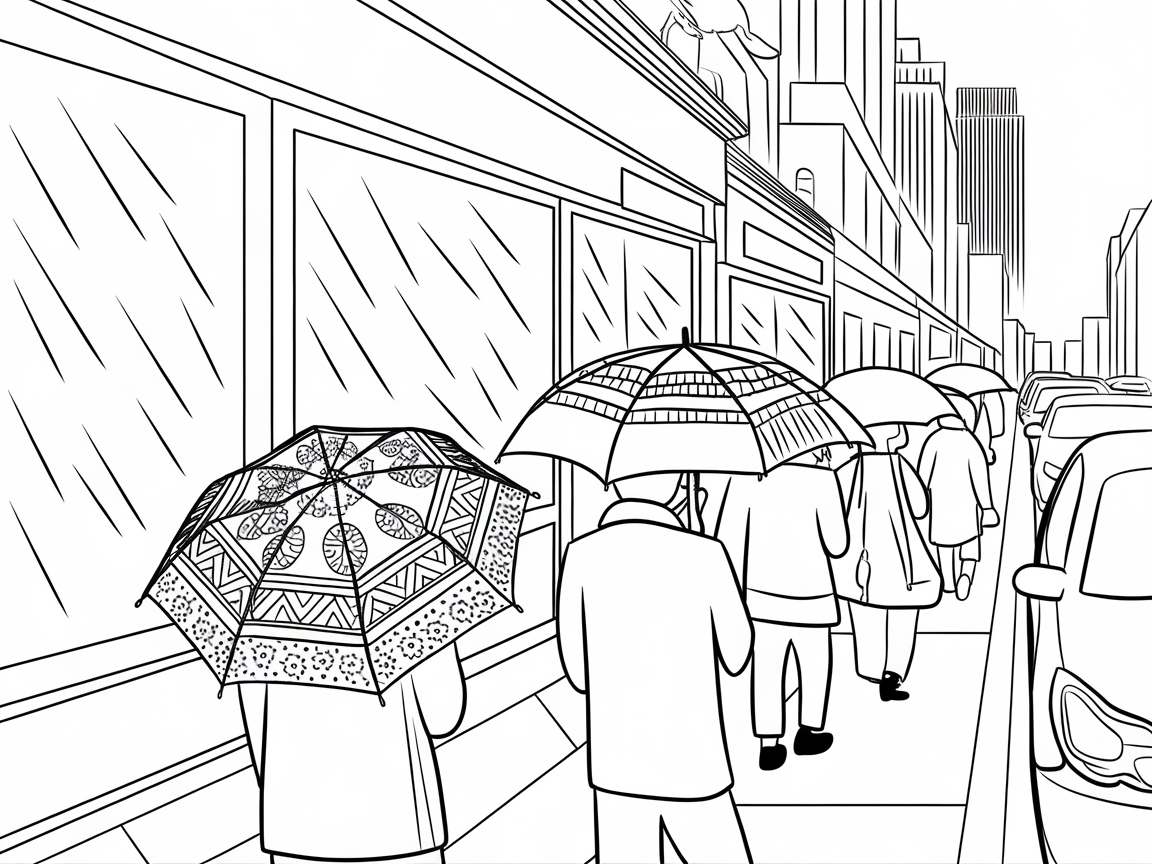 Stroll Through a Rainy Cityscape with Intricate Umbrellas