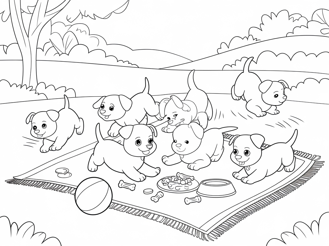 Playful Puppies Picnic Coloring Page
