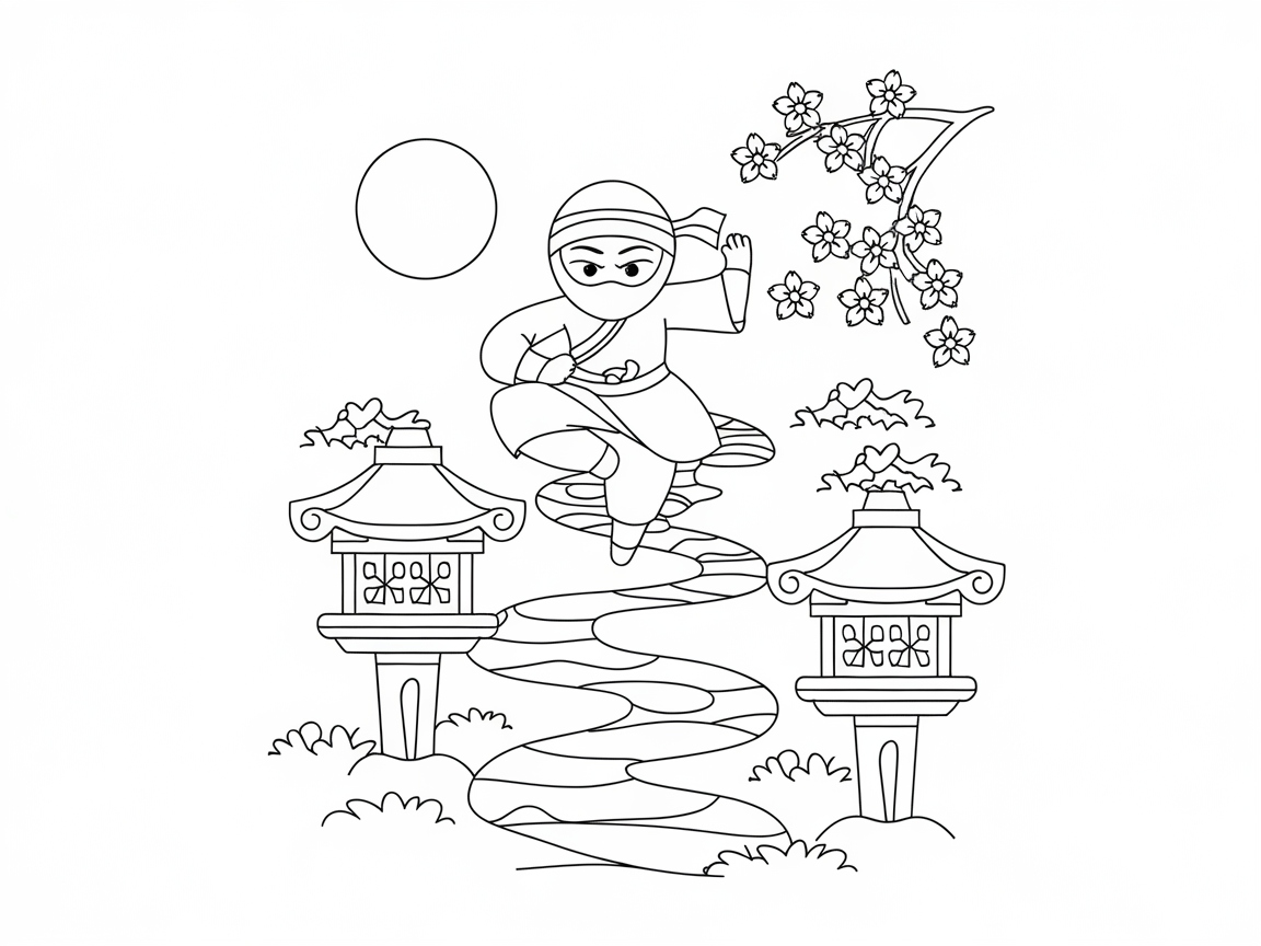 Graceful Ninja Jumping Through a Zen Garden