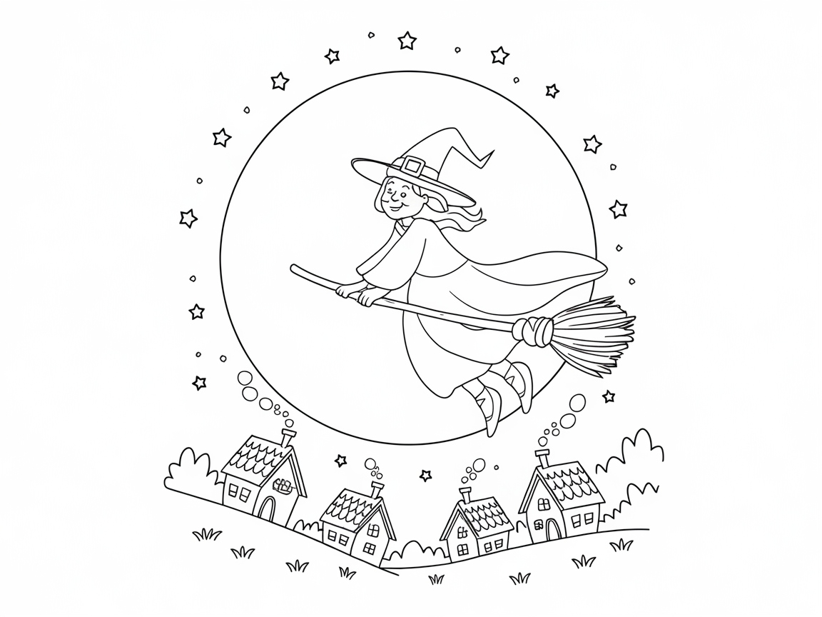Charming Witch Soars Over a Sleepy Village