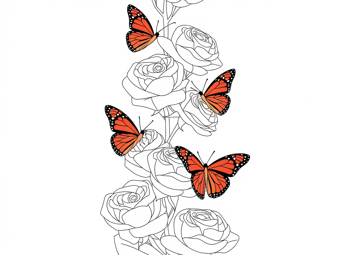 Vertical Rose Cascade with Vibrant Butterflies