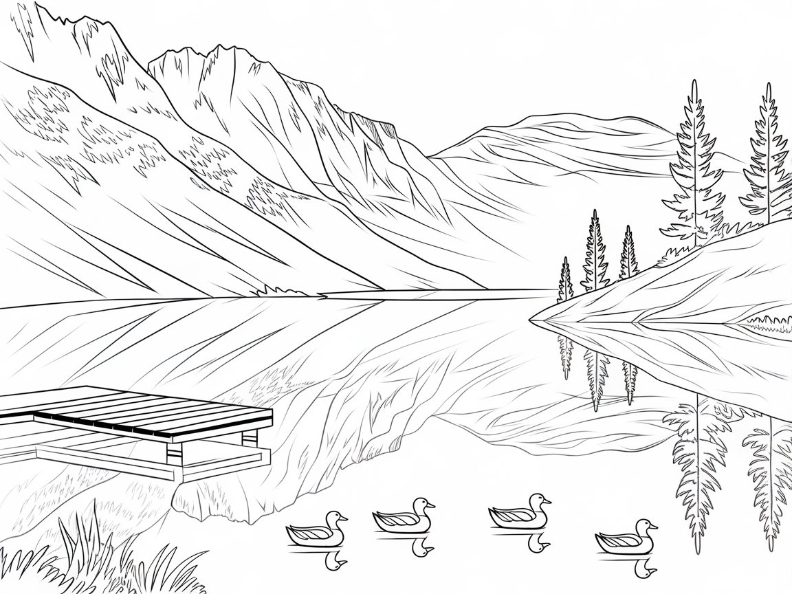 Reflective Lake and Mountain Scene Coloring Page
