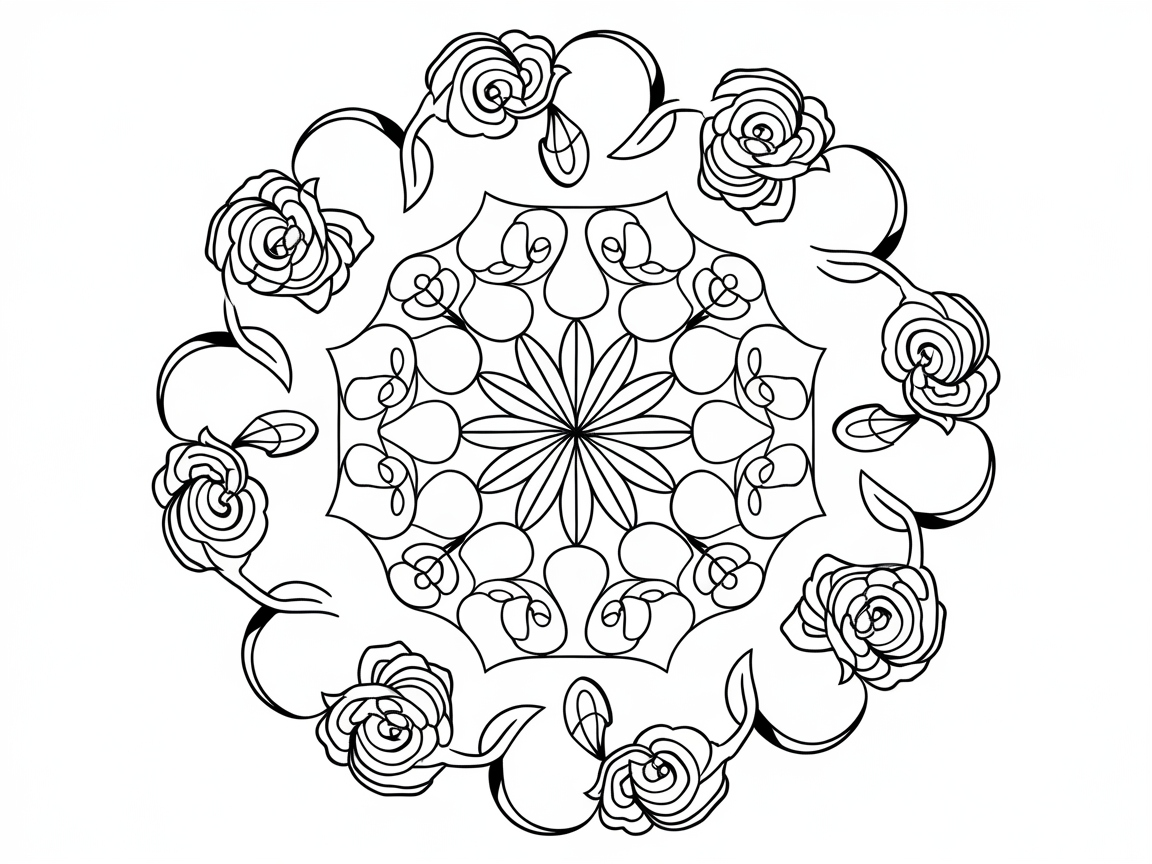 Mandala of Roses for a Meditative Coloring Experience