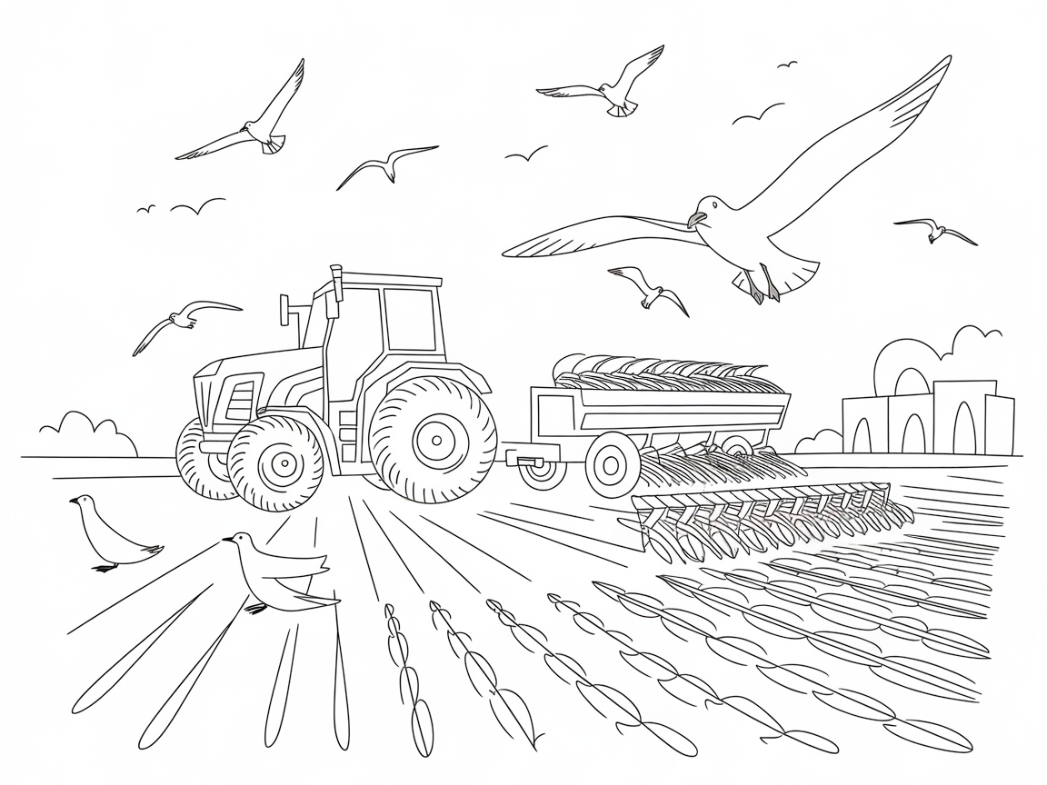 Soaring Seagull Field Tractor Scene