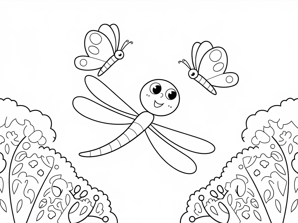 Cheerful Dragonfly and Butterflies in Flight