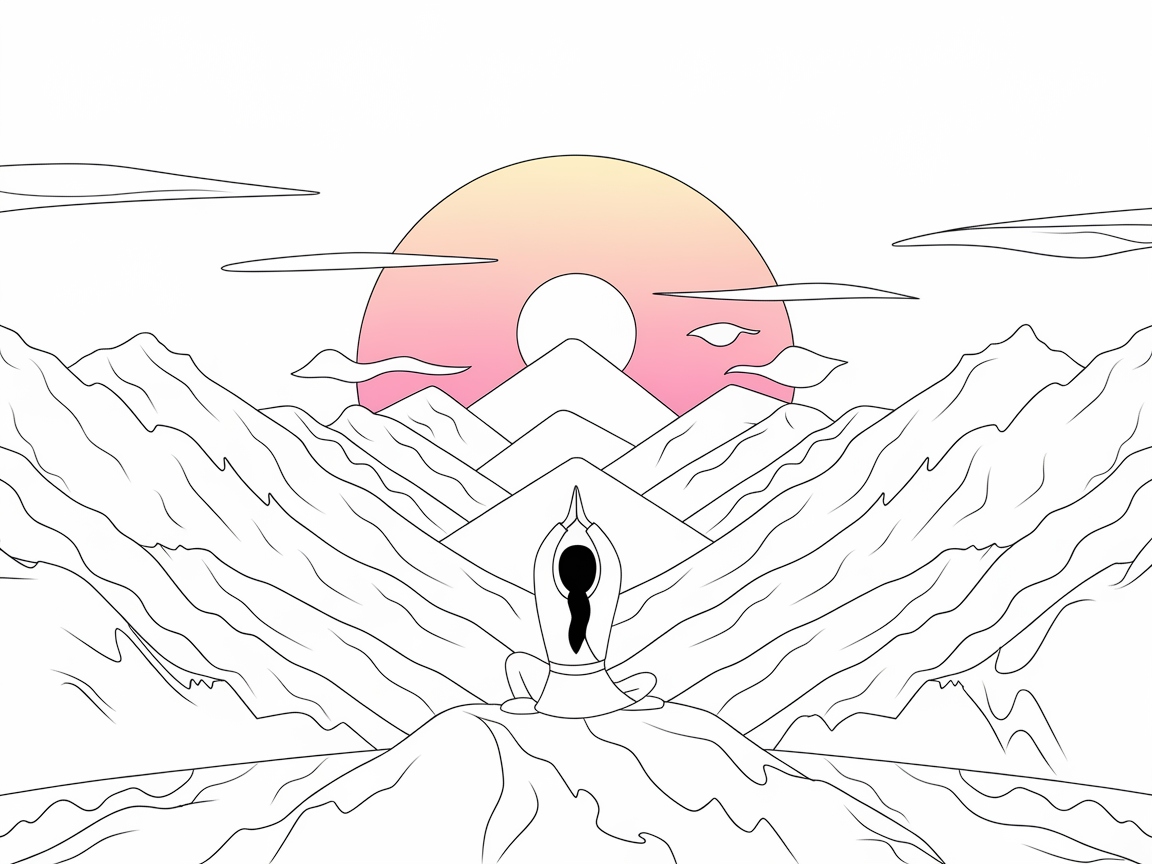 Meditative Mountain Sunset Scene Coloring Page