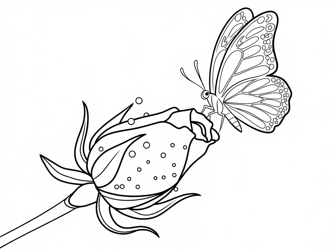 Delicately Outlined Rosebud with a Butterfly Poised for Color