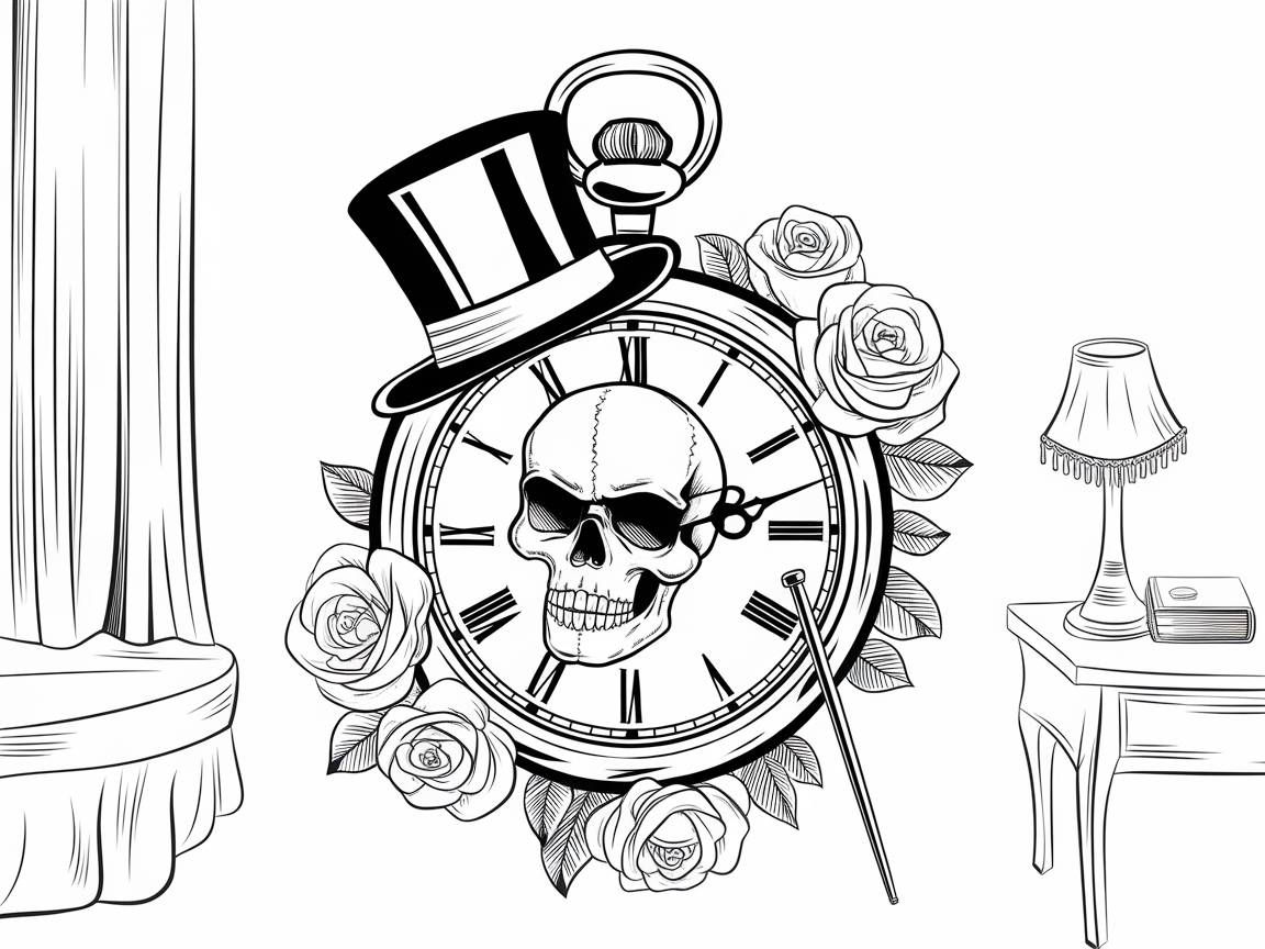 Victorian Skull and Roses in a Timeless Clock Scene