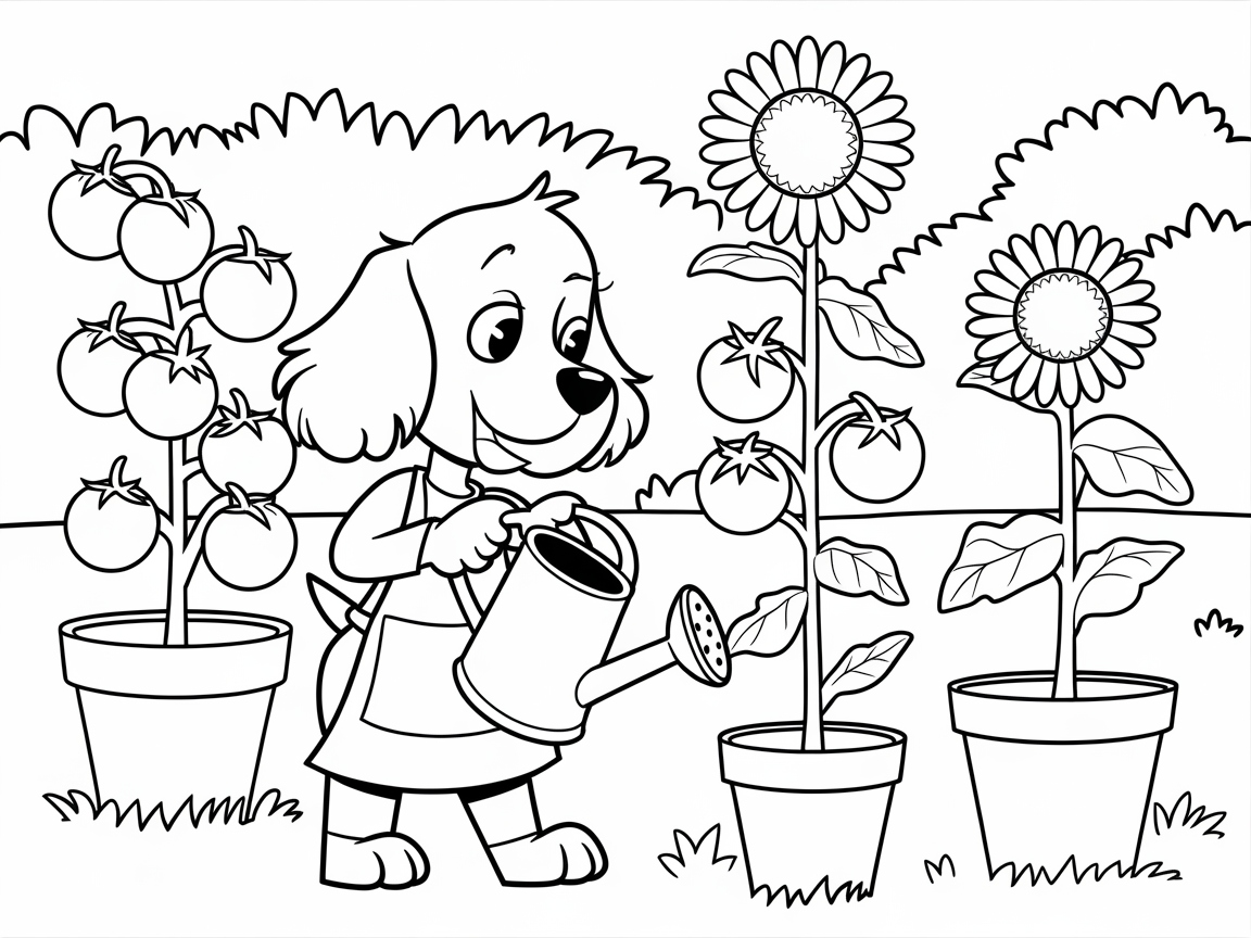 Garden Helper Spaniel Tends to Sunflowers