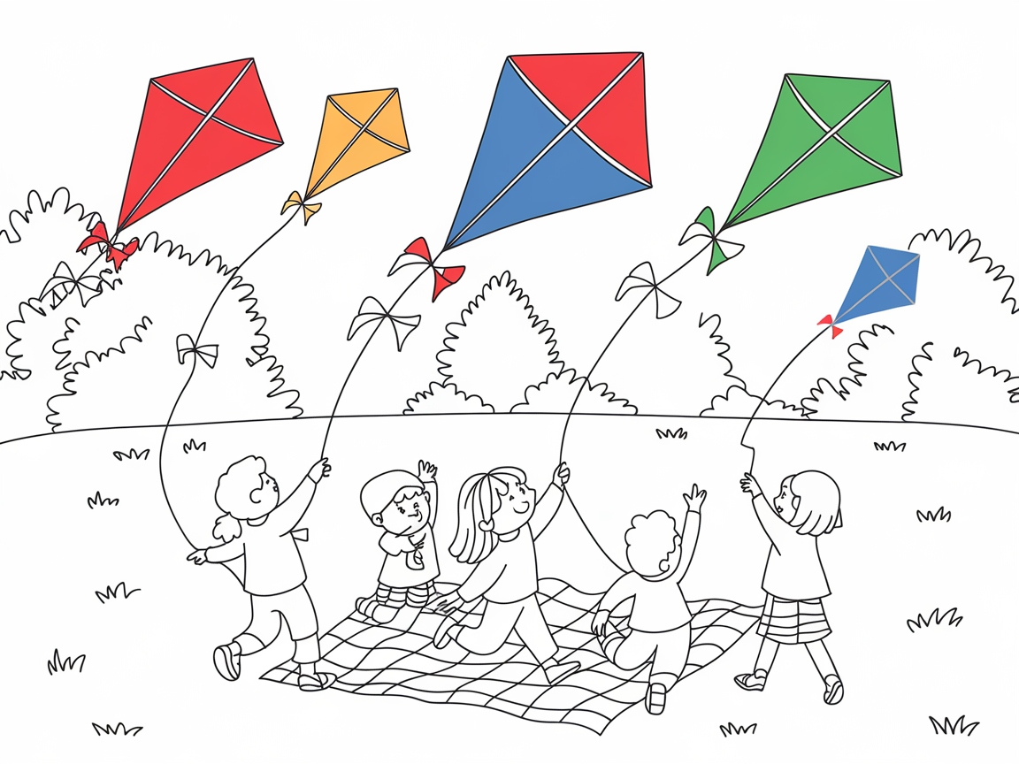 Kite-Flying Picnic Adventure Coloring Page