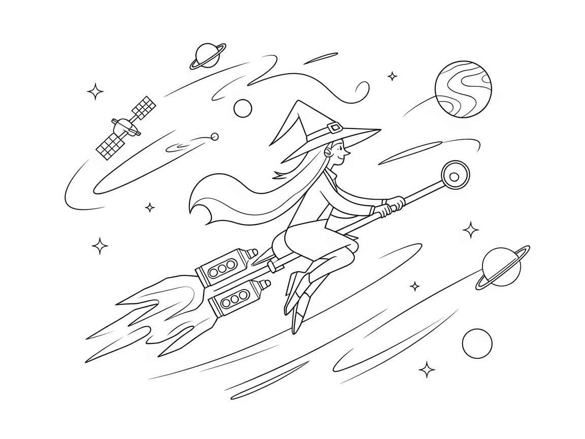Rocket-Powered Witch Soars Through Space