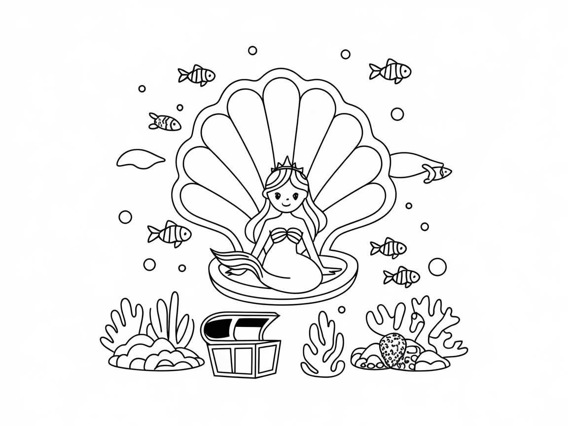 Enchanting Mermaid and Treasure Coloring Page