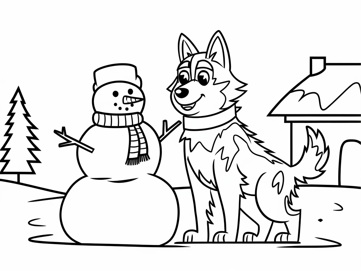 Joyful Husky Making a Snowman Friend