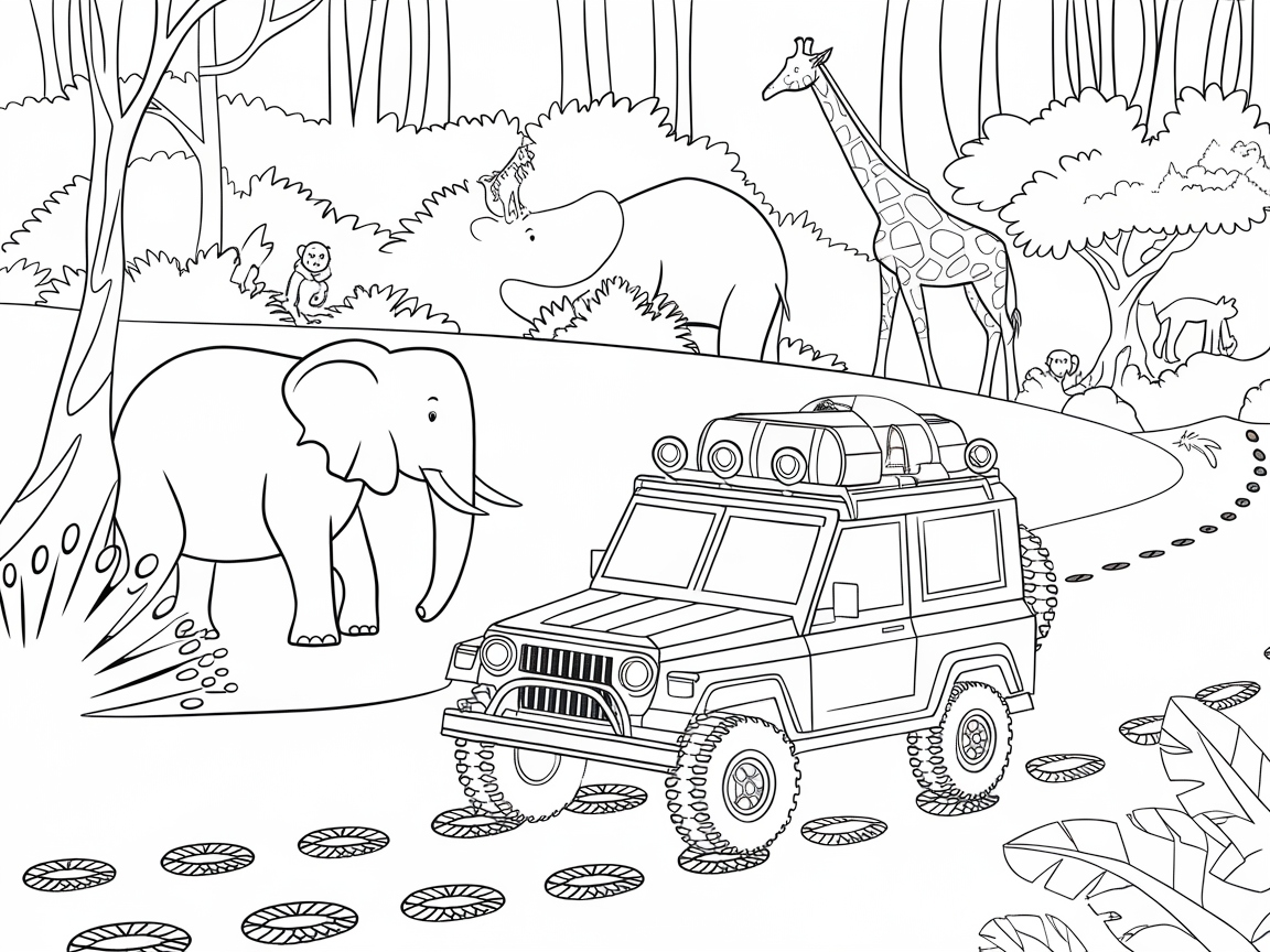 Exciting Jungle Safari Adventure Coloring Page