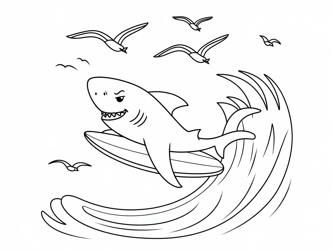 Ride the Waves with This Surfing Shark Coloring Page