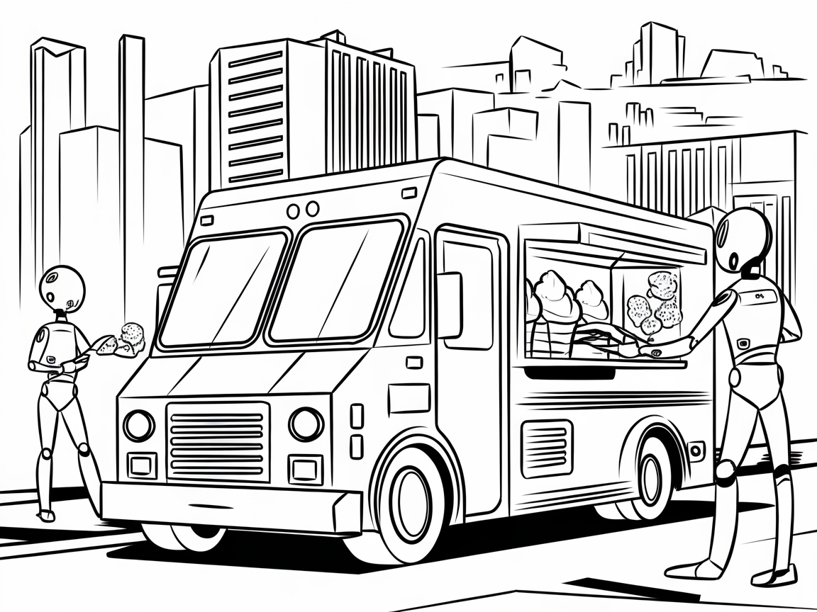 Futuristic Ice Cream Truck with Robot Customers