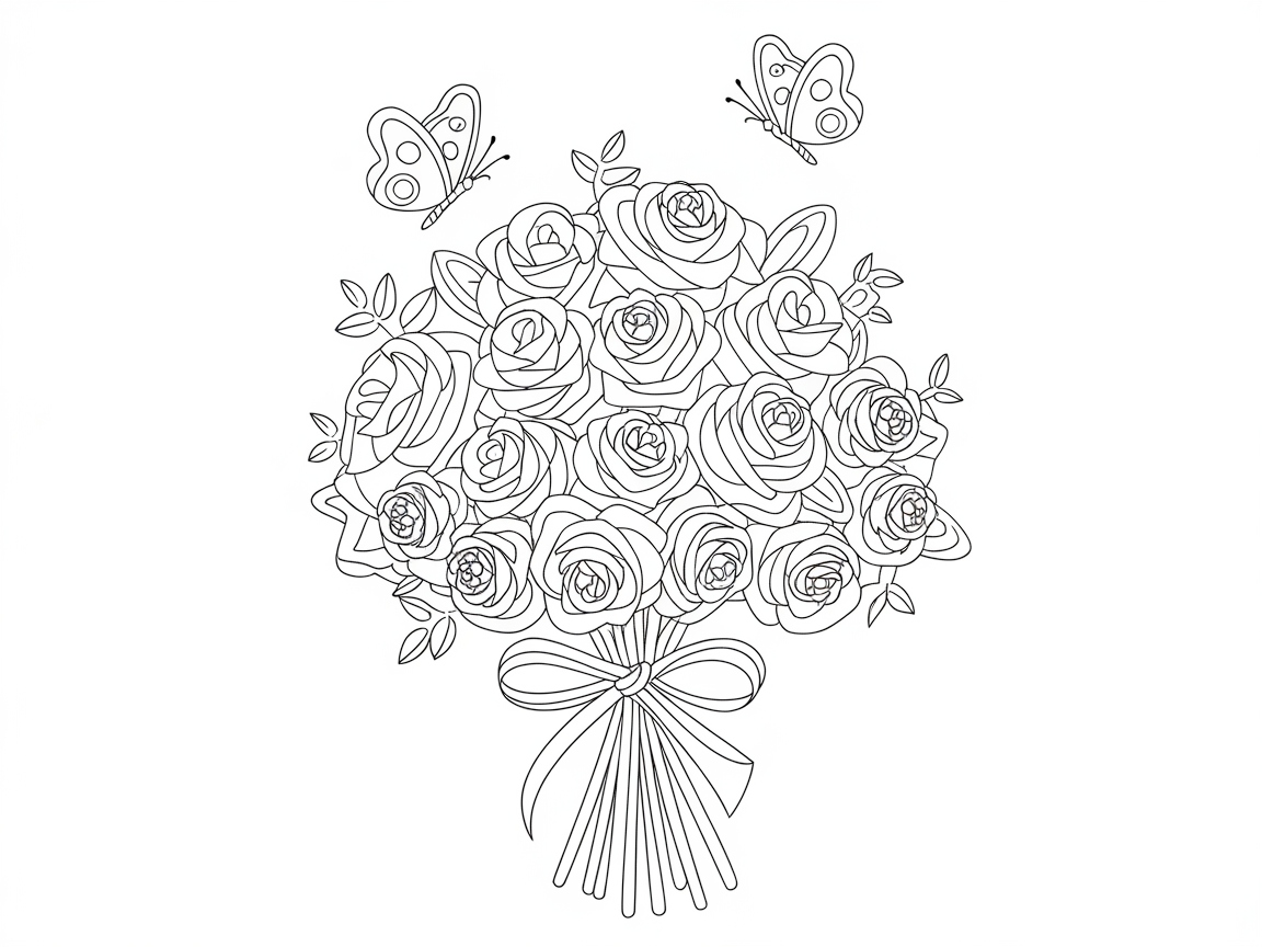 Floral Bouquet with Fluttering Butterflies to Color