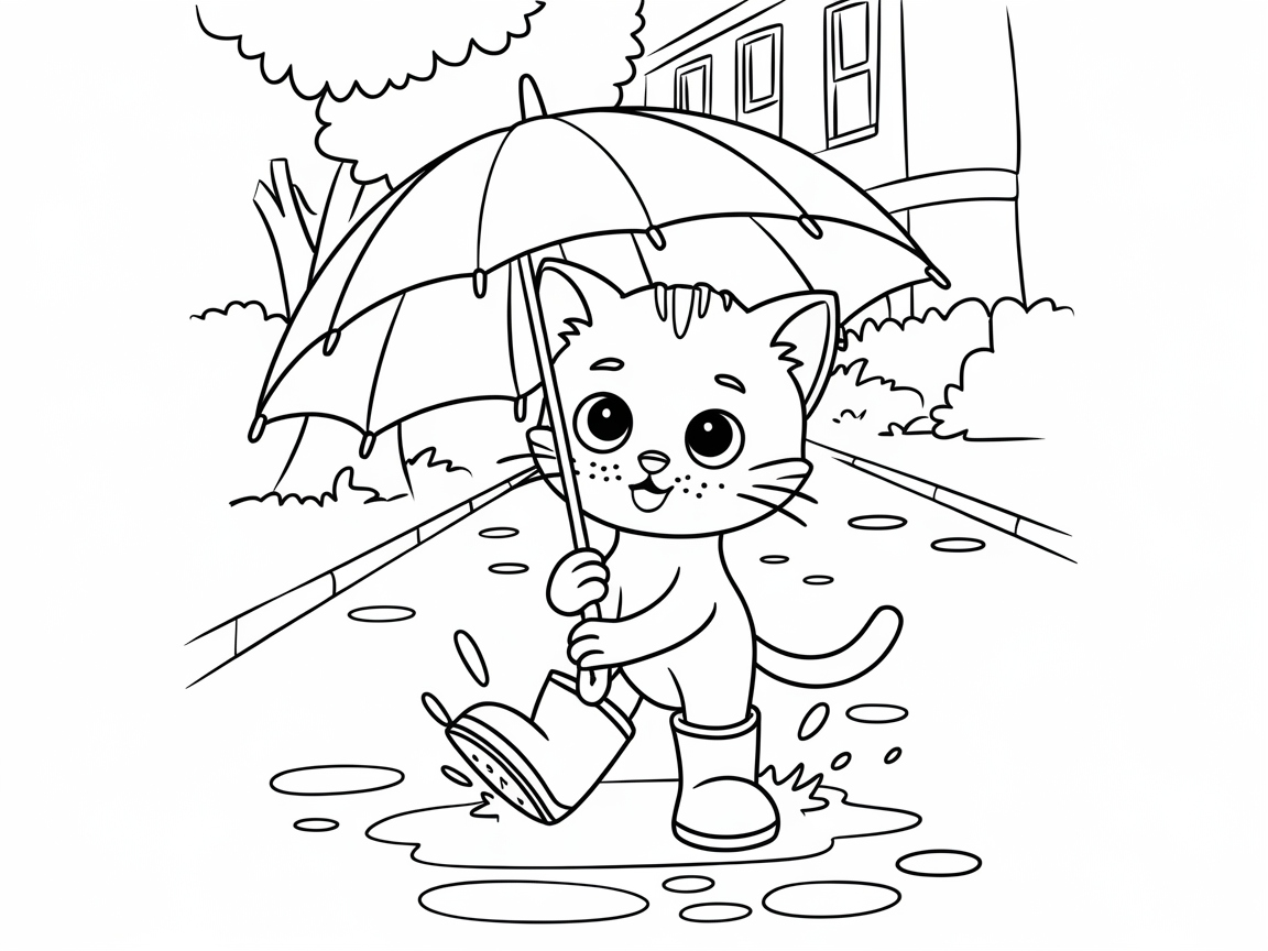 Puddle-Splashing Kitten with Umbrella Fun