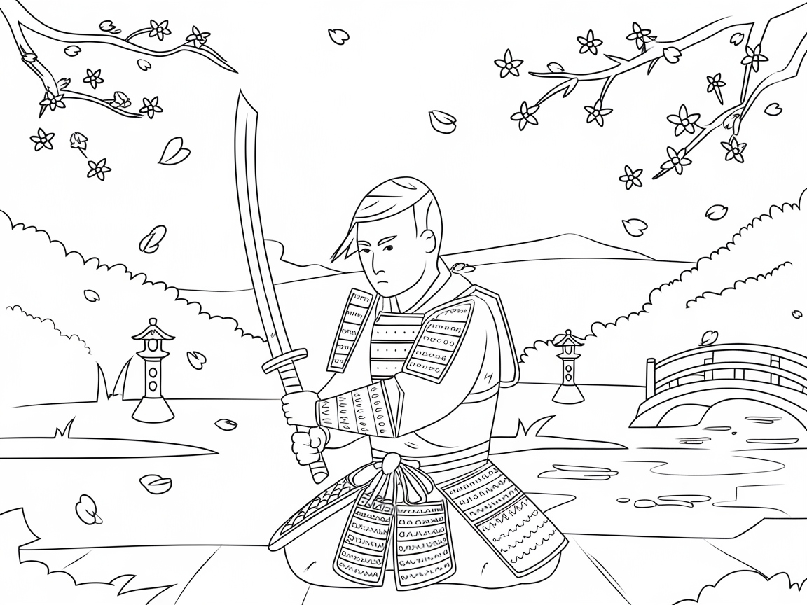 Samurai Serenity in a Blossom-Filled Garden