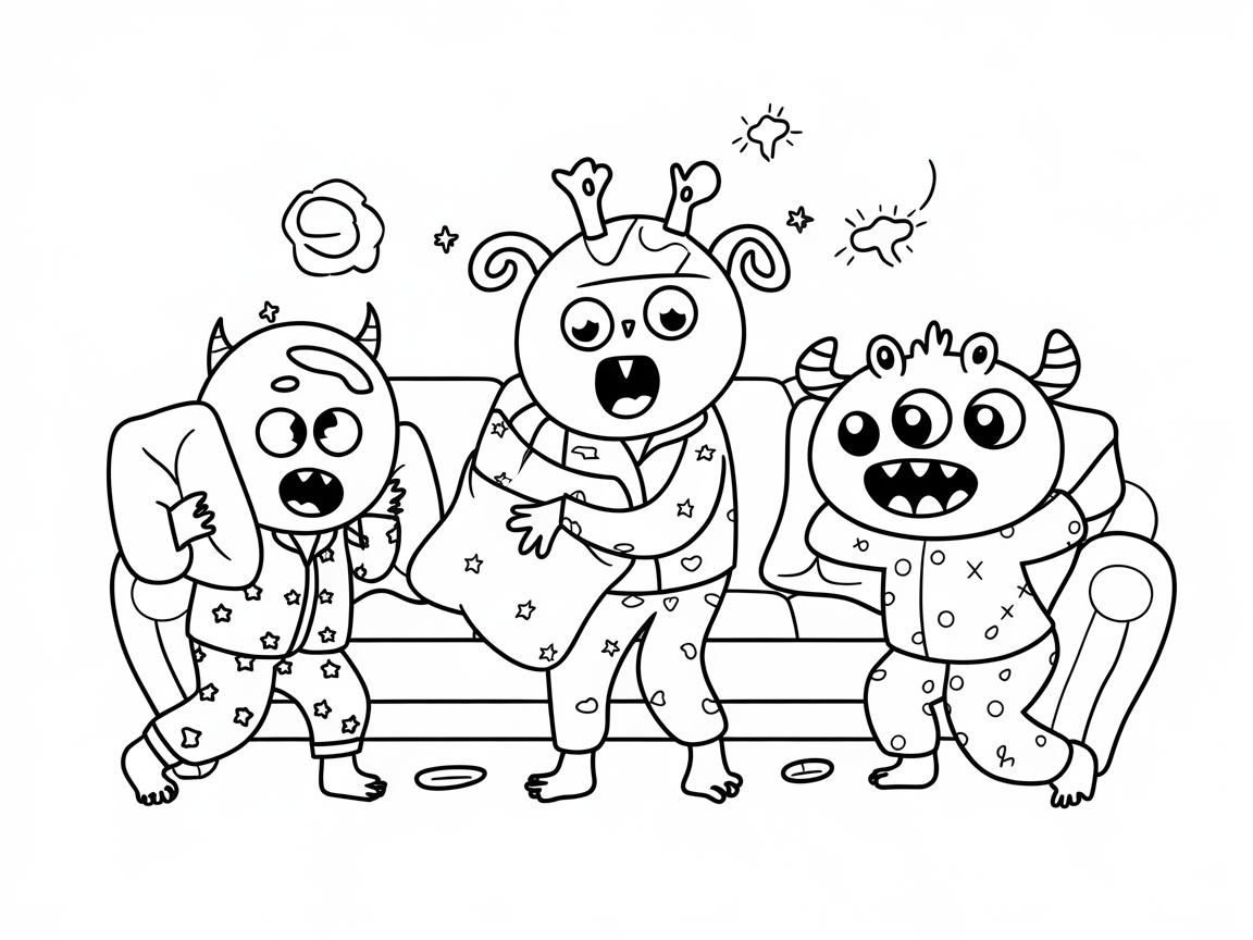Monster Friends and Their Playful Pillow Fight