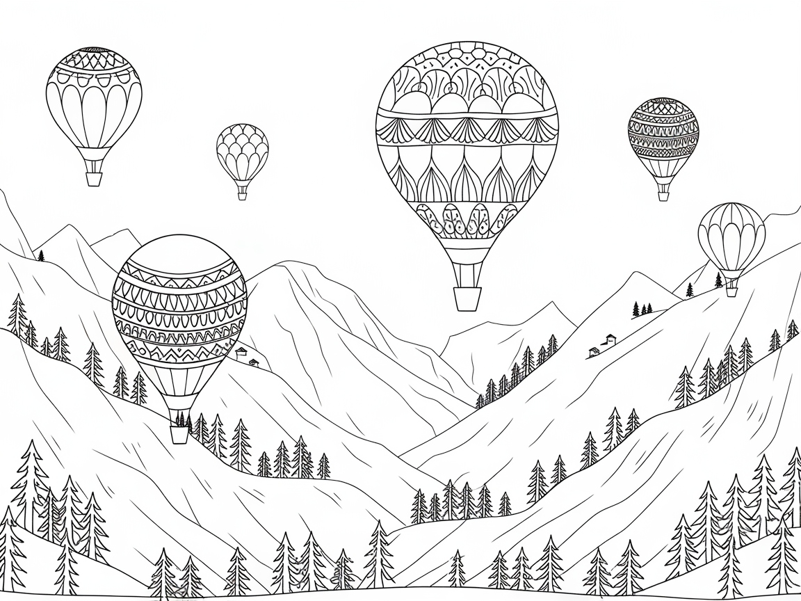 Colorful Hot Air Balloons in a Mountain Landscape