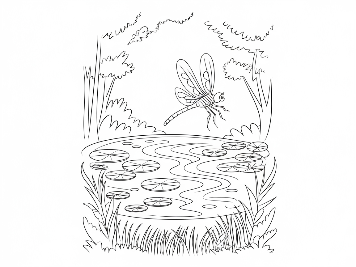 Tranquil Pond Scene With a Graceful Dragonfly