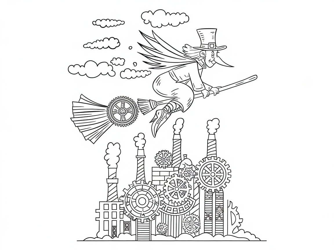 Steampunk Witch Soaring Over an Industrial Skyline