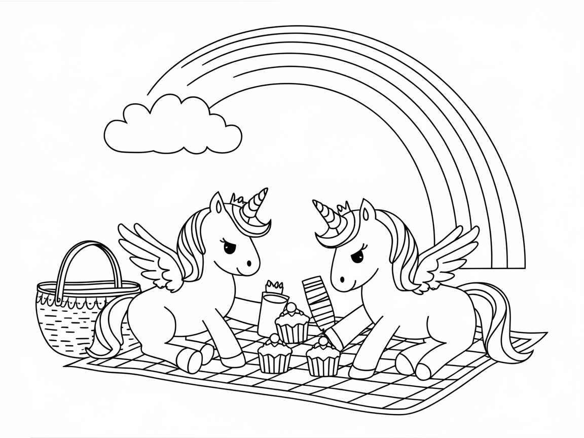 Magical Unicorn Picnic Coloring Page