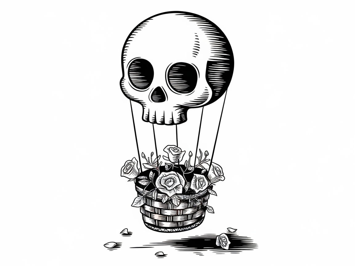 Skull Balloon with Basket of Roses for Whimsical Coloring
