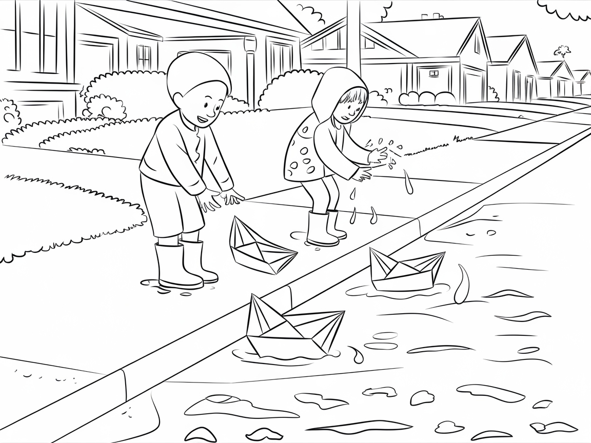 Set Sail with Kids and Paper Boats in Rainy Puddles