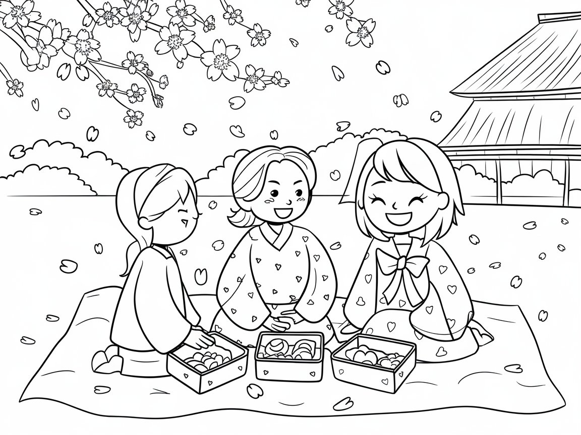Cherry Blossom Picnic Delight Coloring Page