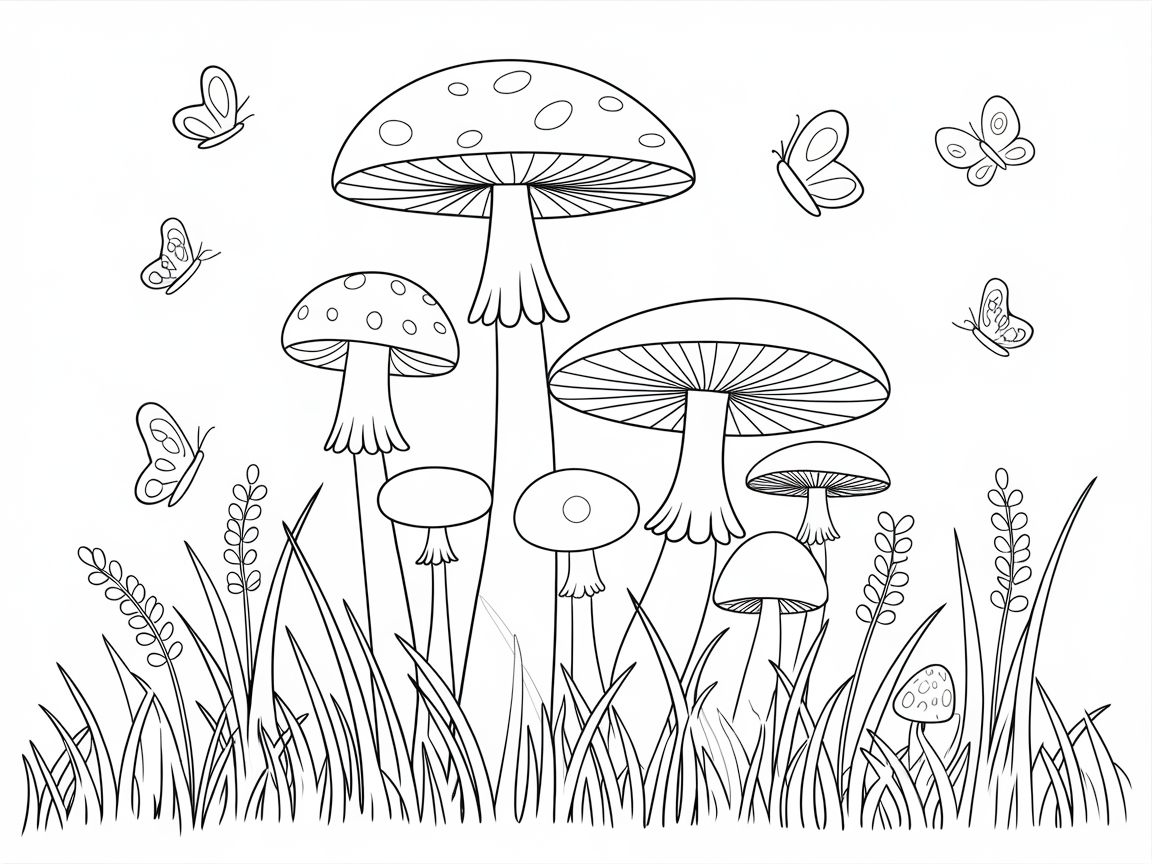 Whimsical Forest Mushrooms and Butterflies