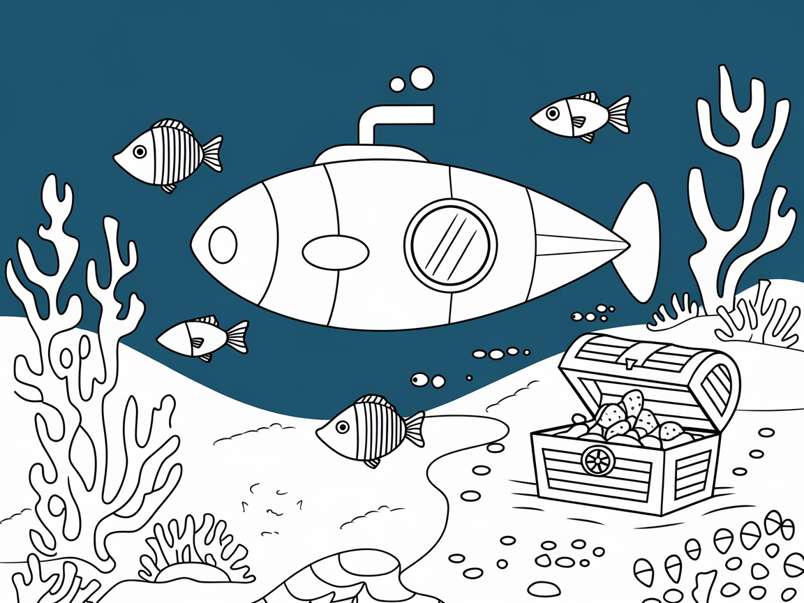 Dive Deep: Underwater Submarine Adventure Coloring Page