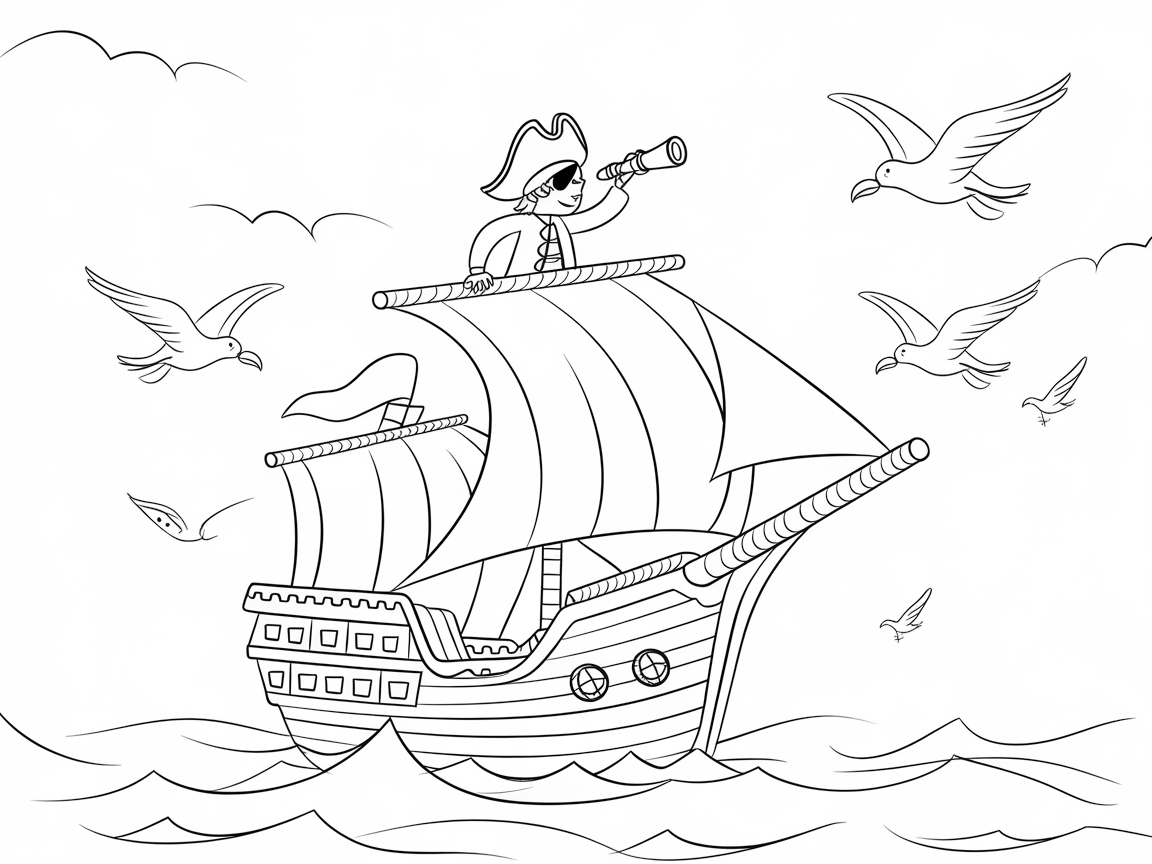 Adventure Awaits with This Pirate Ship and Seagulls Scene