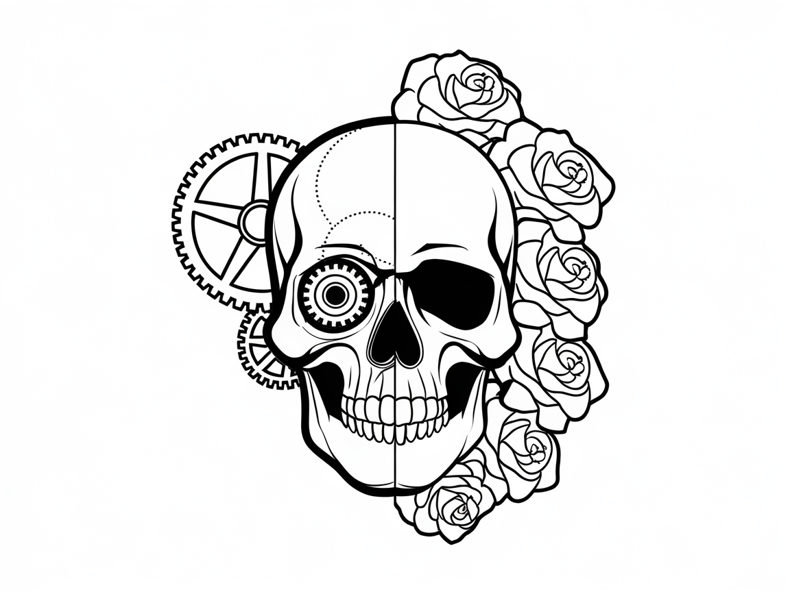 Half-Skull, Half-Roses with Intricate Gears