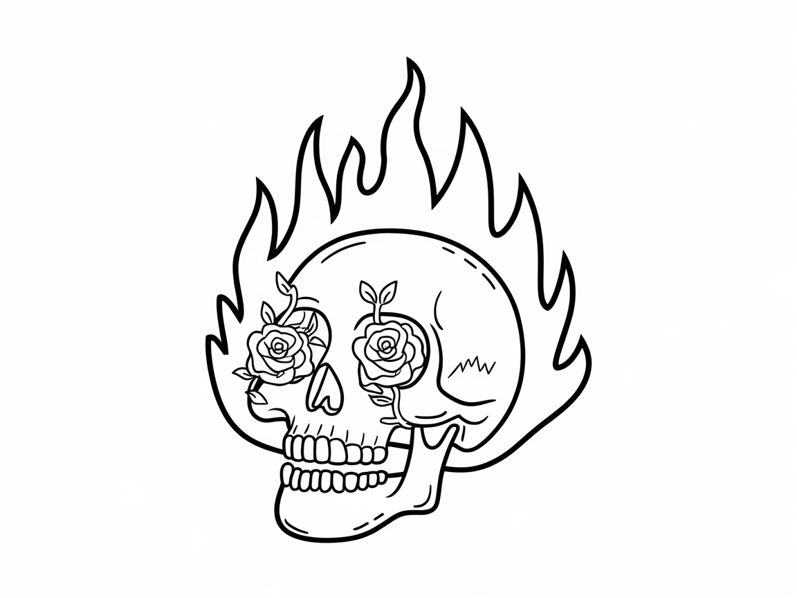 Fiery Skull with Rose Eyes for Bold Coloring Fun