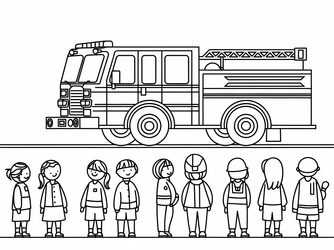 Join the Fun with This Firefighter Team and Truck Coloring Page