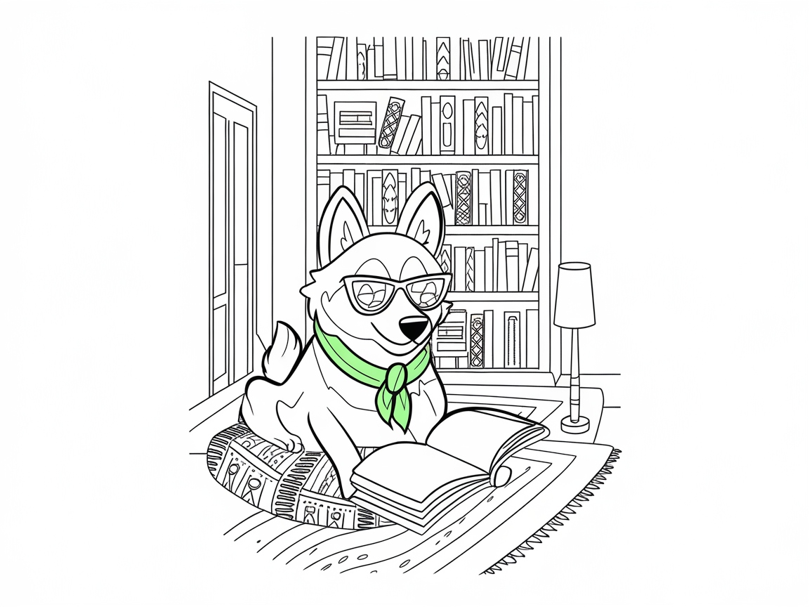 Bookworm Husky in a Cozy Library