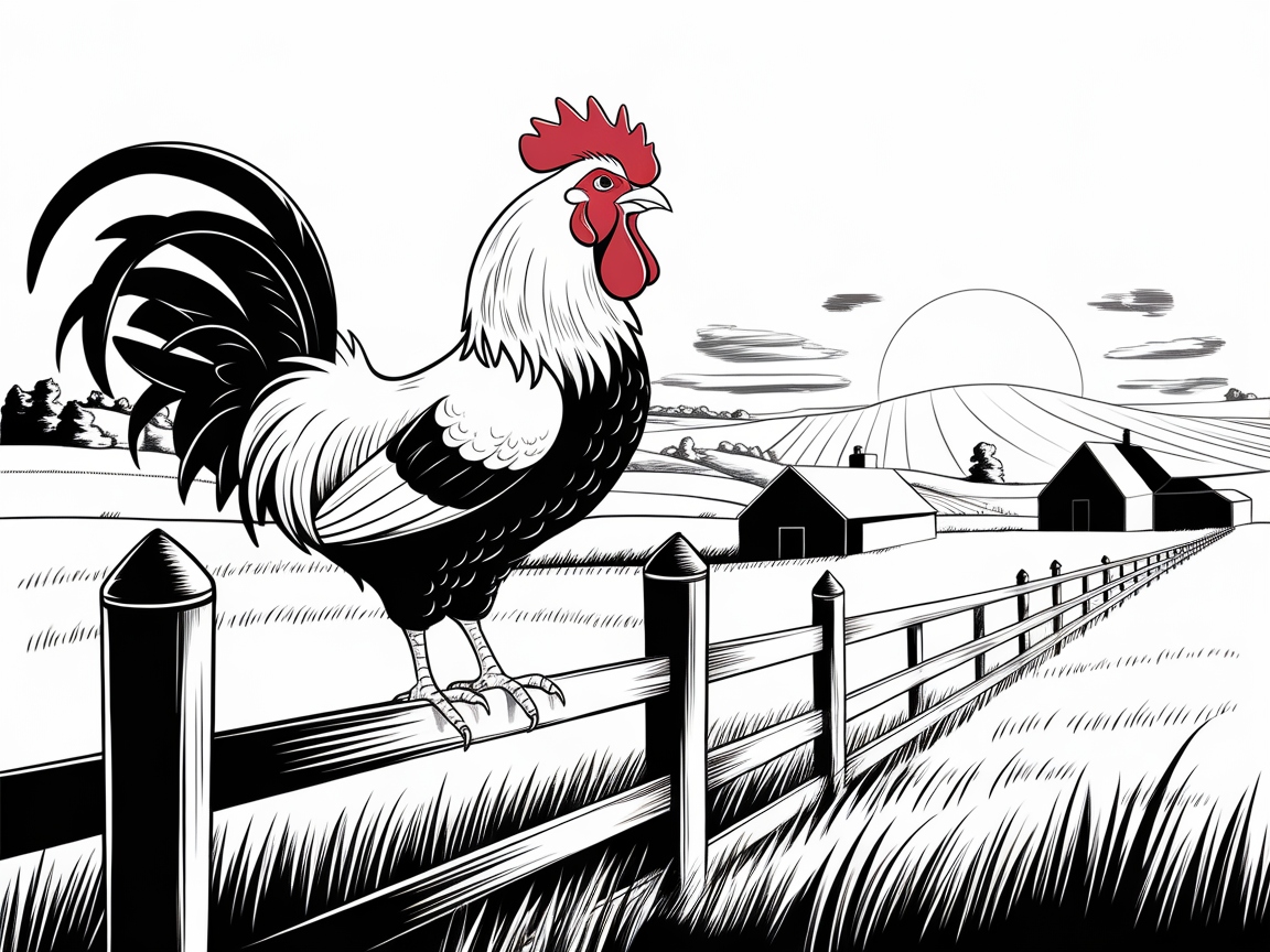 Majestic Rooster on a Sunrise Farm Scene