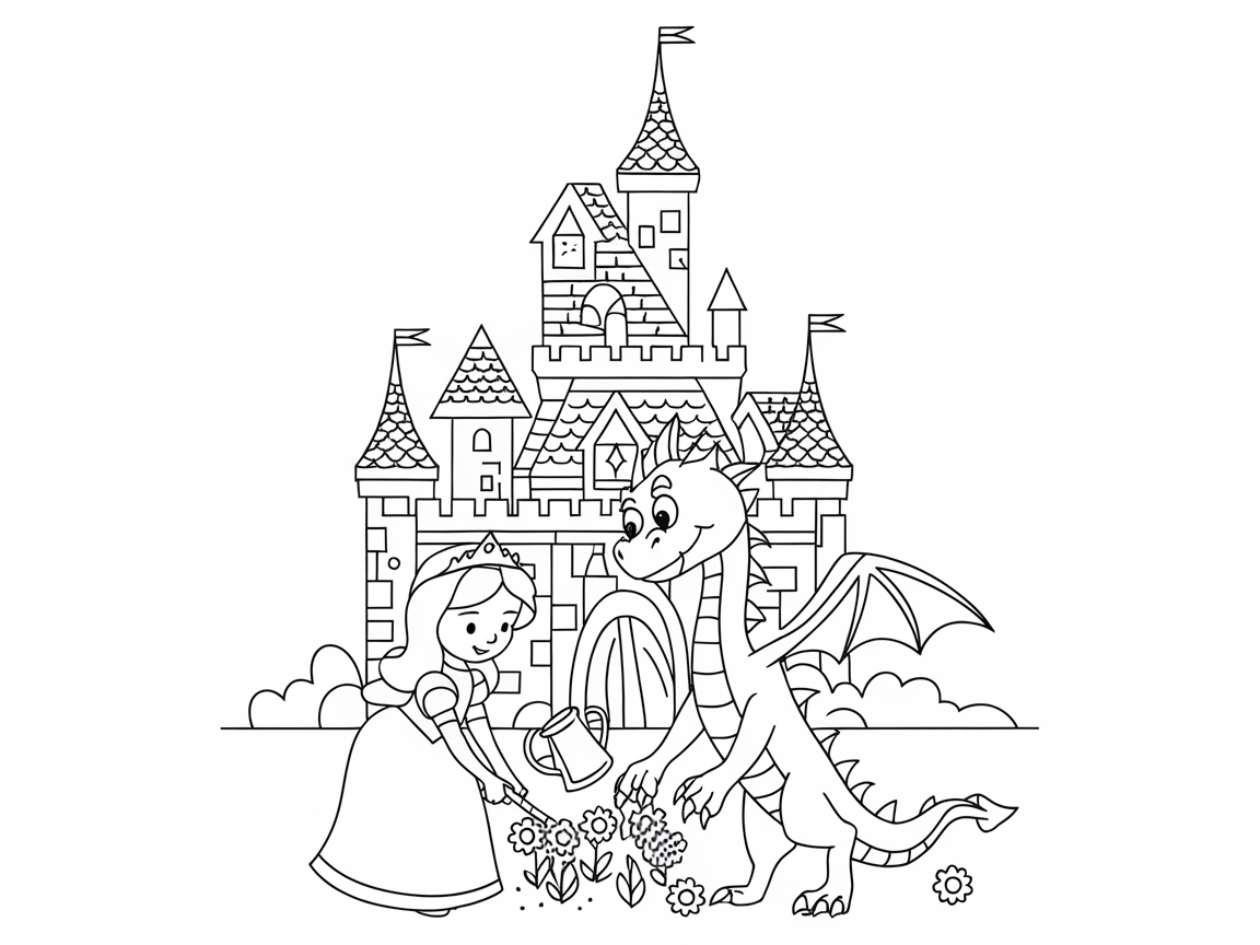 Enchanting Princess and Dragon Castle Coloring Page