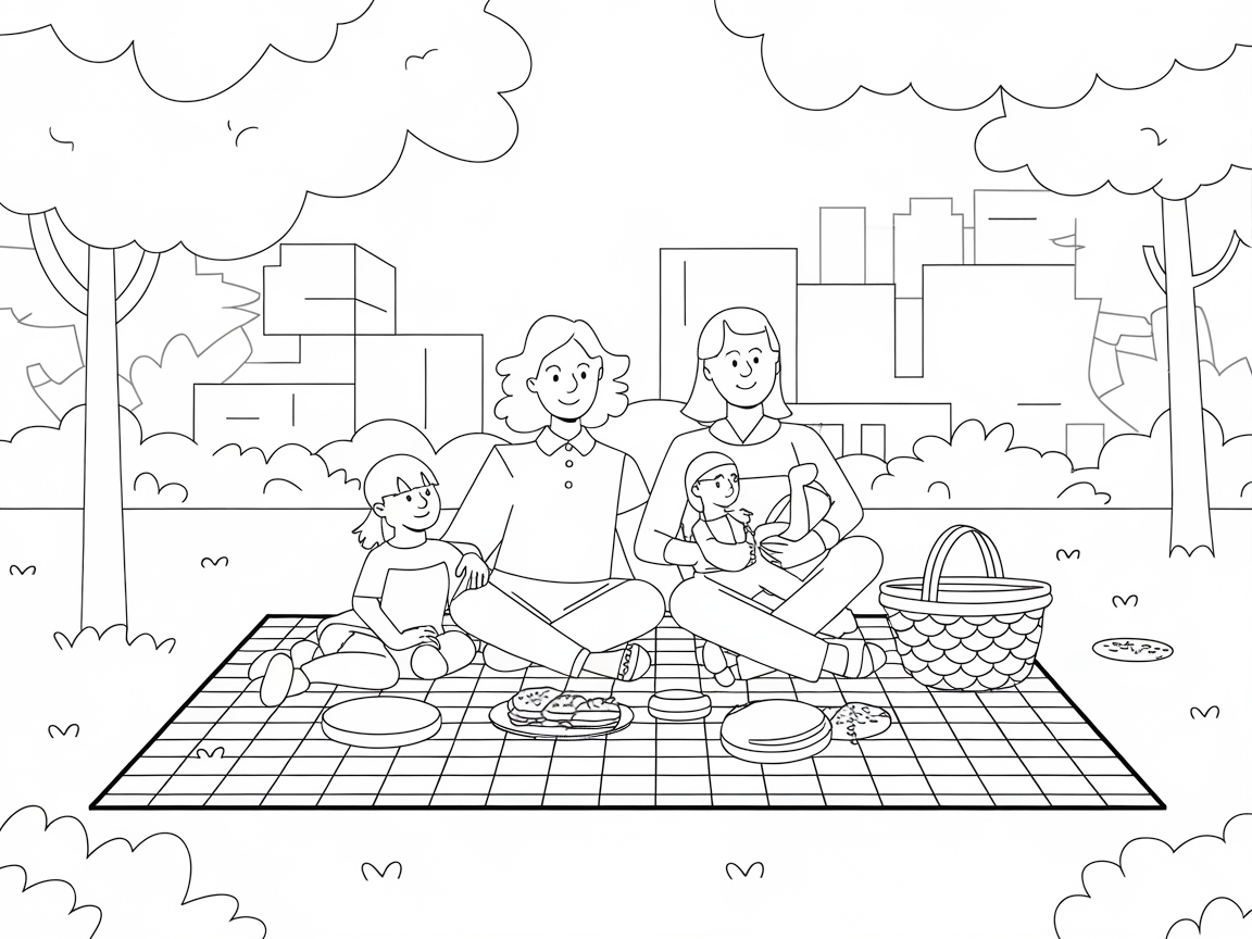 Family Picnic in the Park Coloring Page
