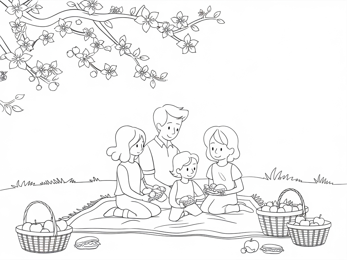 Family Picnic Under Apple Blossoms