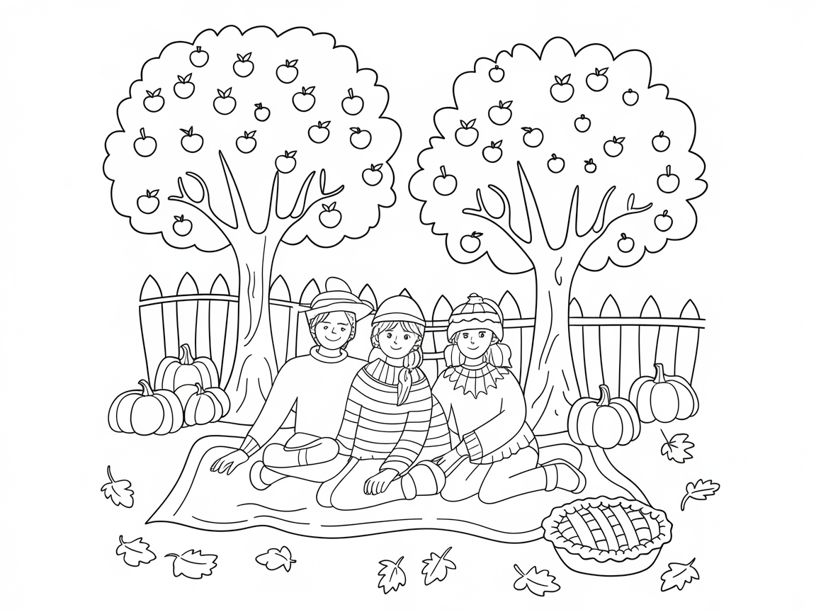 Autumn Orchard Picnic Coloring Page