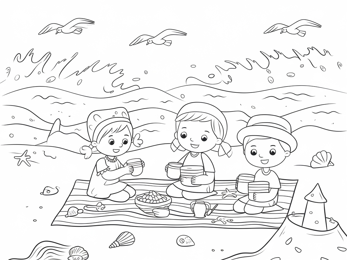 Joyful Beach Picnic Coloring Page