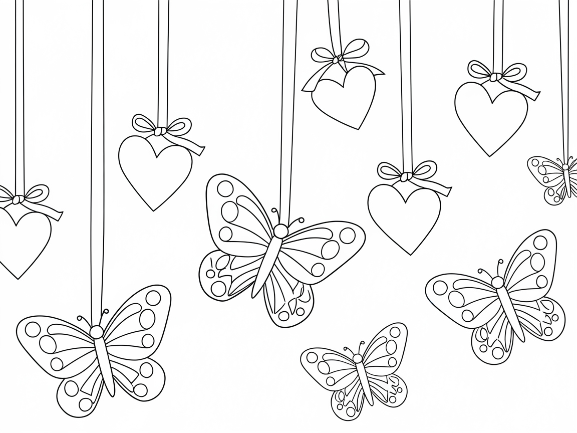 Fluttering Butterflies and Hanging Hearts Coloring Page